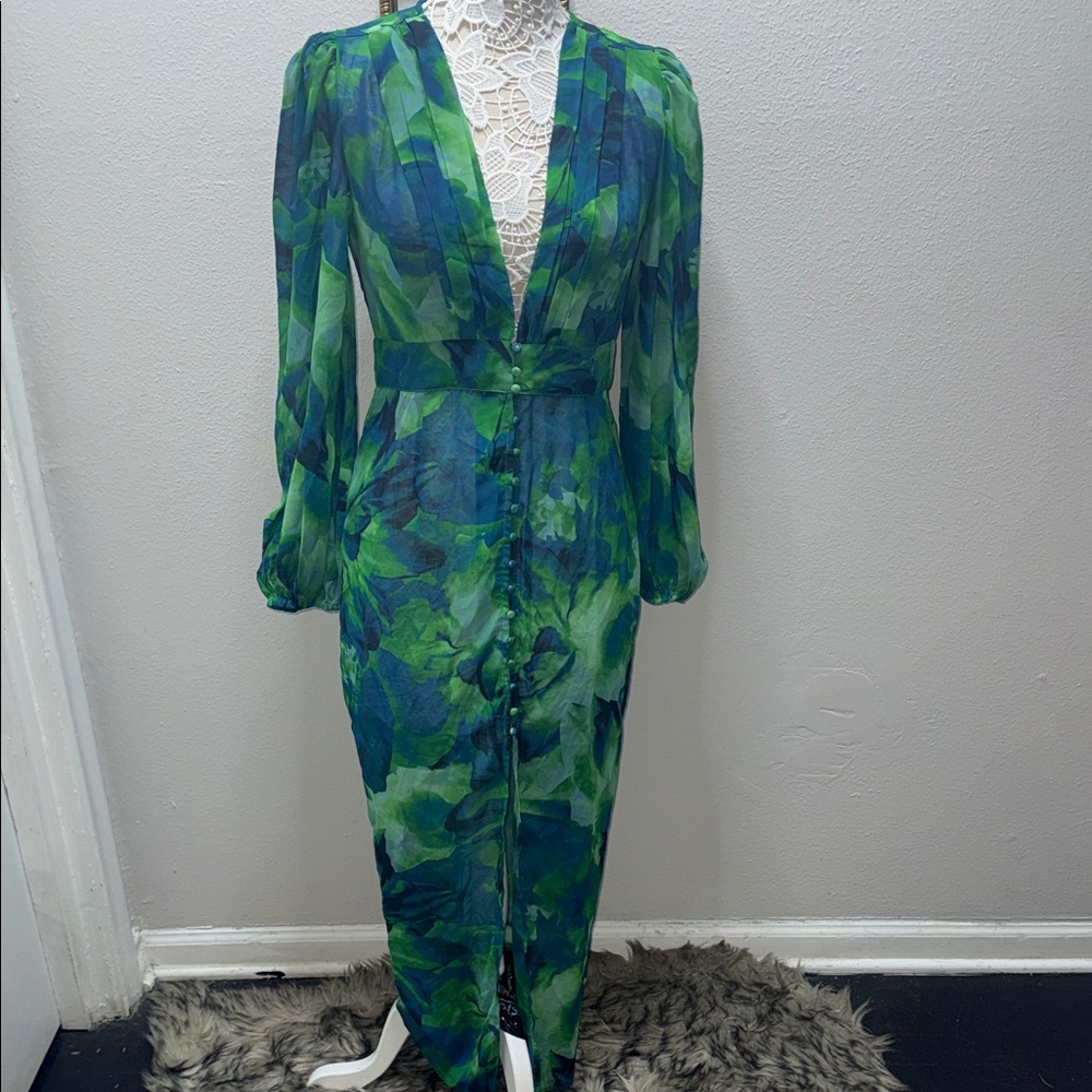Elegant Long Sleeve Floral Dress in Green and Blue